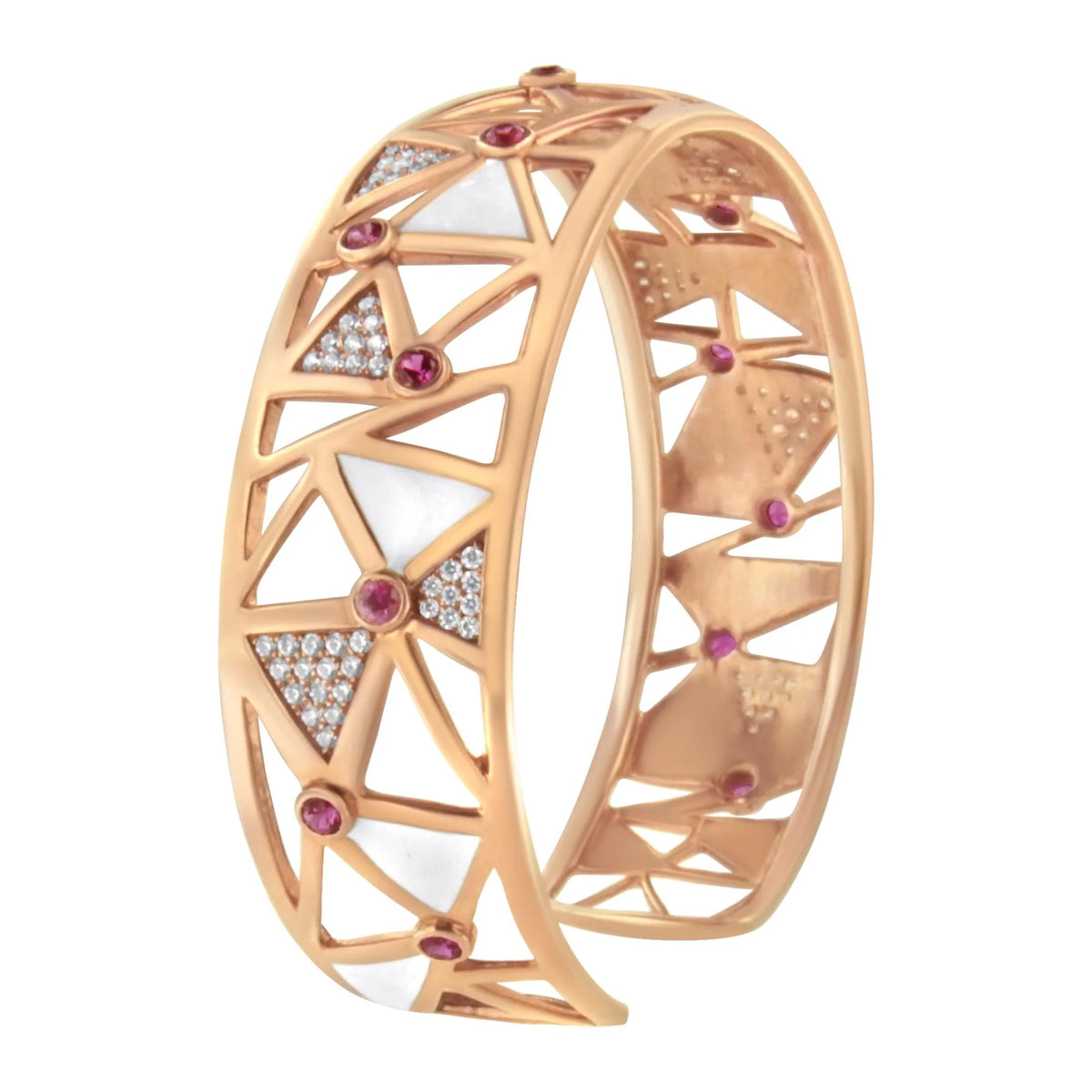 14K Rose Gold 5/8 Cttw Diamond with Pink Tourmaline Open Cuff Bangle with White Enamel (G-H Color, SI1-SI2 Clarity) - 7&quot;