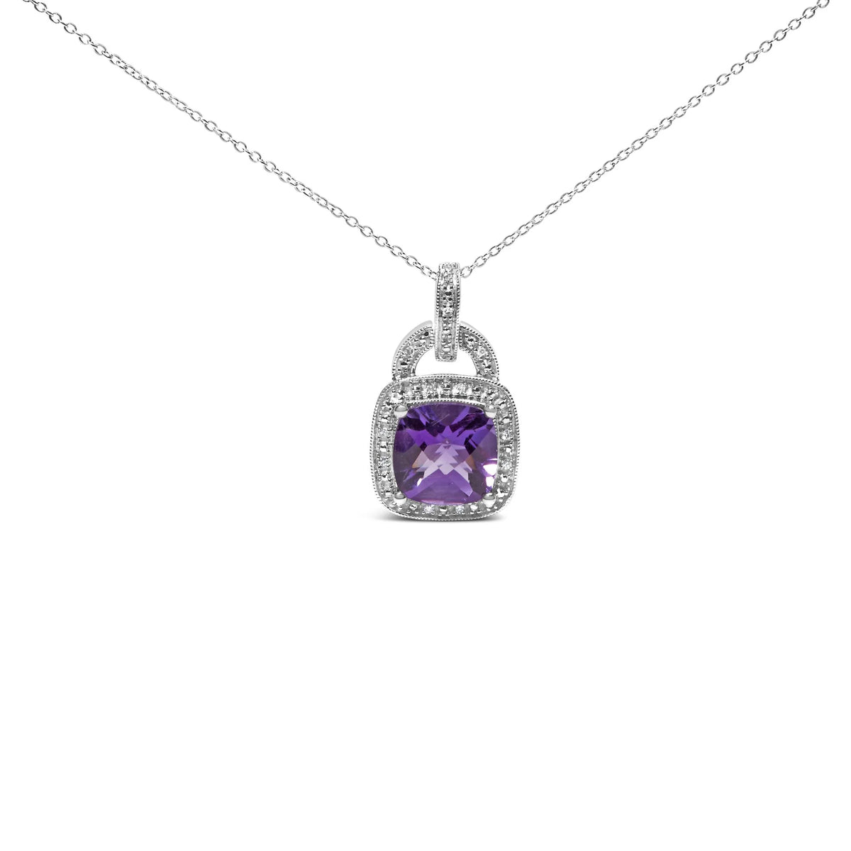 .925 Sterling Silver 10X10 MM Cushion Purple Amethyst and Diamond Accent Halo 18&quot; Pendant Necklace (I-J Color, I1-I2 Clarity)