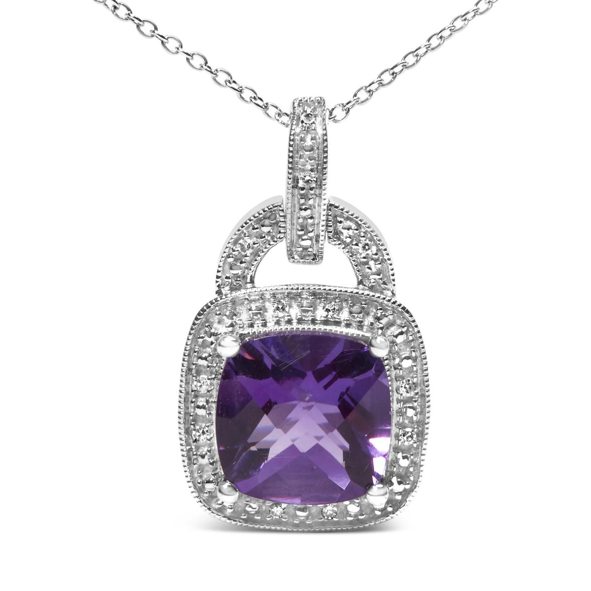 .925 Sterling Silver 10X10 MM Cushion Purple Amethyst and Diamond Accent Halo 18&quot; Pendant Necklace (I-J Color, I1-I2 Clarity)