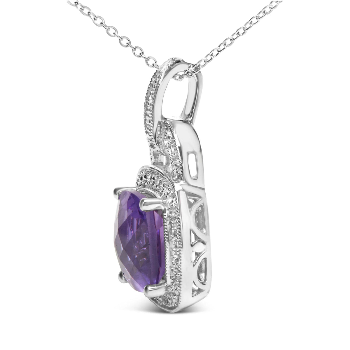 .925 Sterling Silver 10X10 MM Cushion Purple Amethyst and Diamond Accent Halo 18&quot; Pendant Necklace (I-J Color, I1-I2 Clarity)