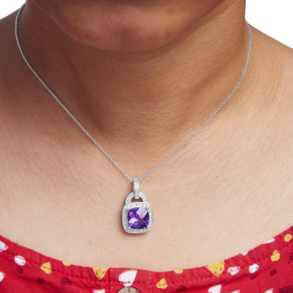 .925 Sterling Silver 10X10 MM Cushion Purple Amethyst and Diamond Accent Halo 18&quot; Pendant Necklace (I-J Color, I1-I2 Clarity)