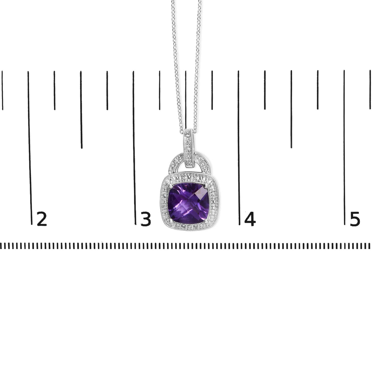 .925 Sterling Silver 10X10 MM Cushion Purple Amethyst and Diamond Accent Halo 18&quot; Pendant Necklace (I-J Color, I1-I2 Clarity)