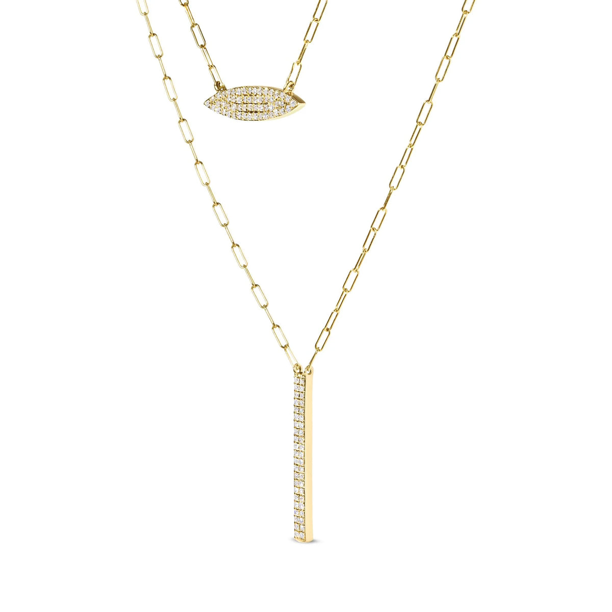 14K Yellow Gold 3/8 Cttw Two-Strand Marquise and Bar Charm Paper Clip Link Pendant Necklace  (I-J Color, I1-I2 Clarity) -18&quot; and 20&quot; Inch Lengths