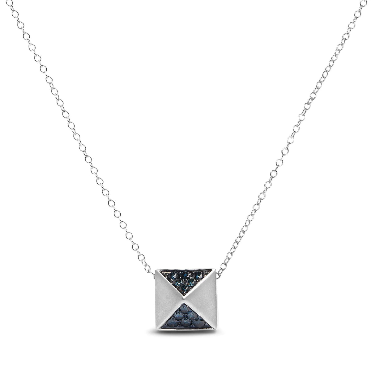 14K White Gold 1/4 Cttw Treated Blue Diamond Matte Finished Pyramid Pendant Necklace (Blue Color, SI1-SI2 Clarity) - 18&quot; Inches