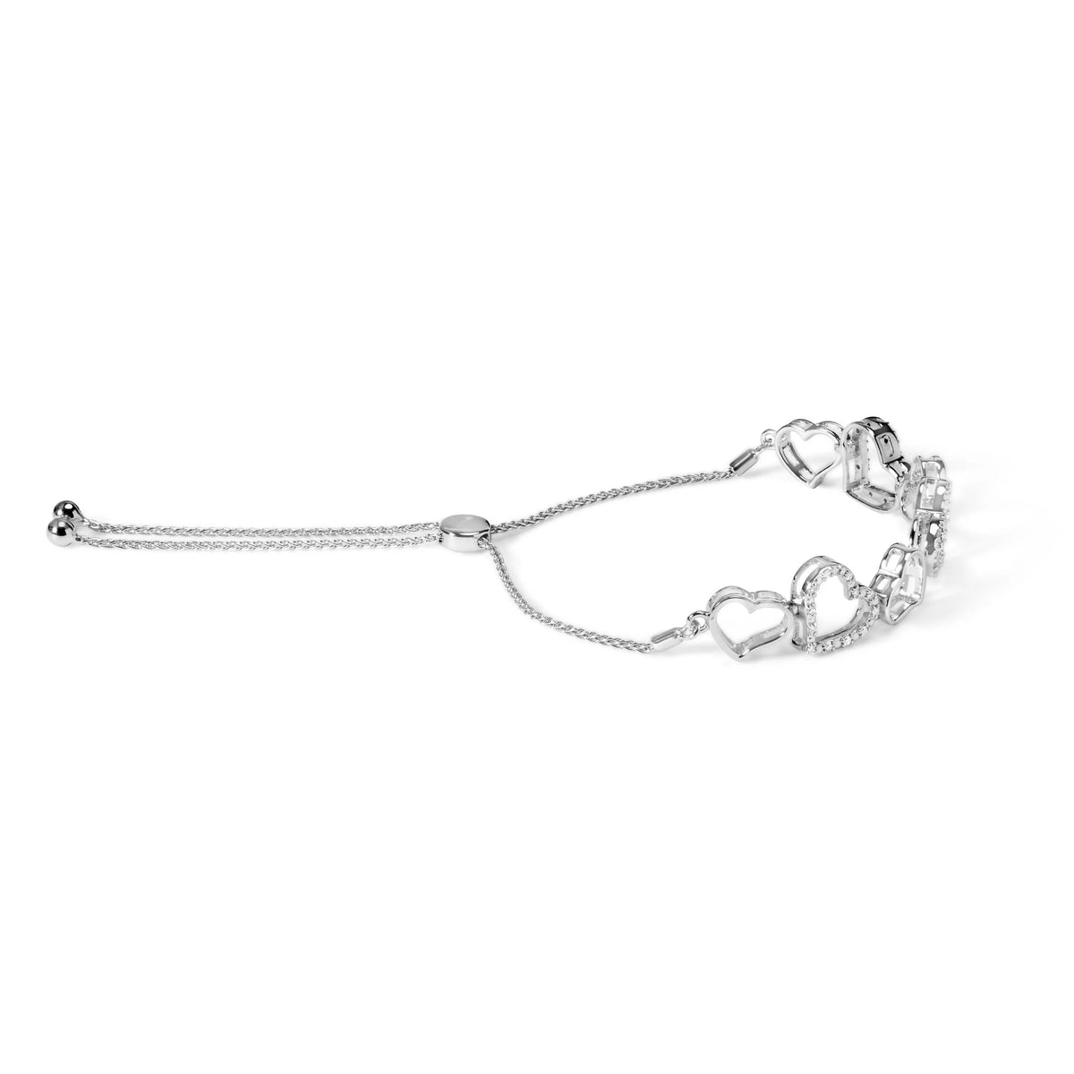 .925 Sterling Silver 1/4 Cttw Diamond Open Heart Link Adjustable Bolo Bracelet   (I-J Color, I2-I3 Clarity) - 4 to 10 Inches