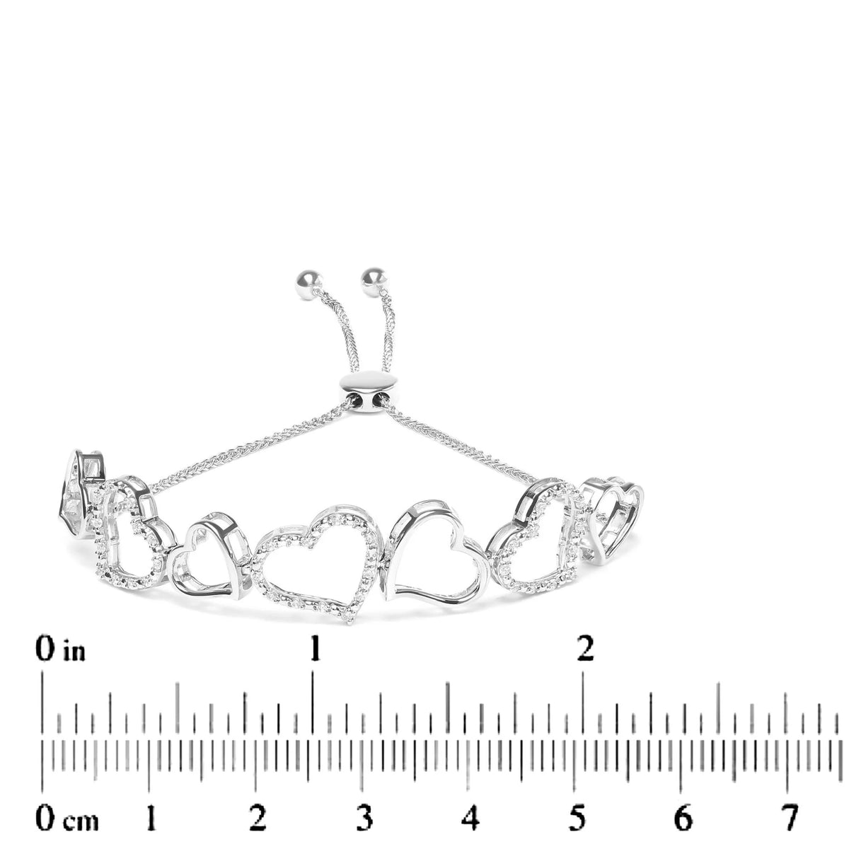 .925 Sterling Silver 1/4 Cttw Diamond Open Heart Link Adjustable Bolo Bracelet   (I-J Color, I2-I3 Clarity) - 4 to 10 Inches