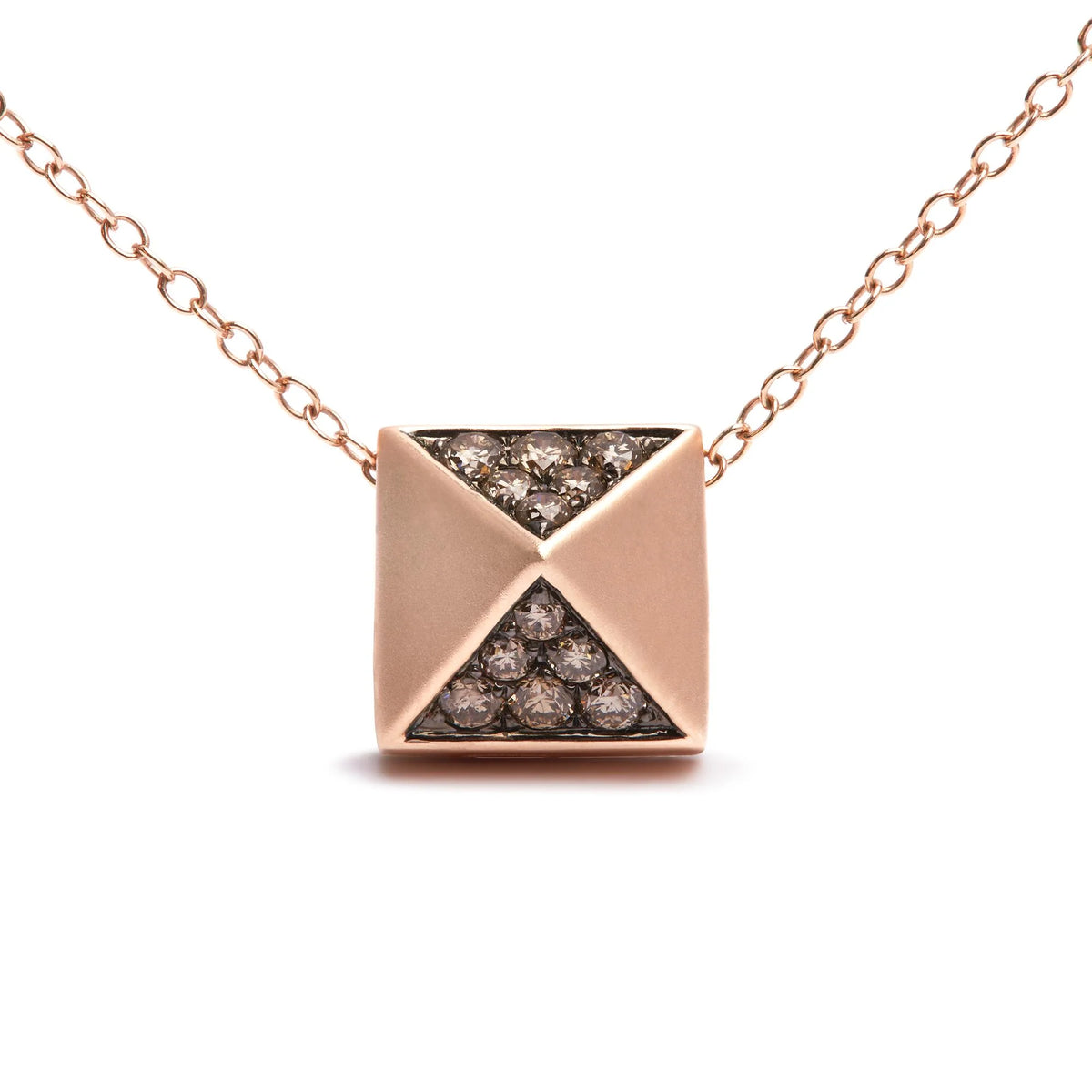 14K Rose Gold 1/4 Cttw Brown Diamond Matte Finished Pyramid Pendant Necklace (Brown Color, SI1-SI2 Clarity) - 18&quot; Inches