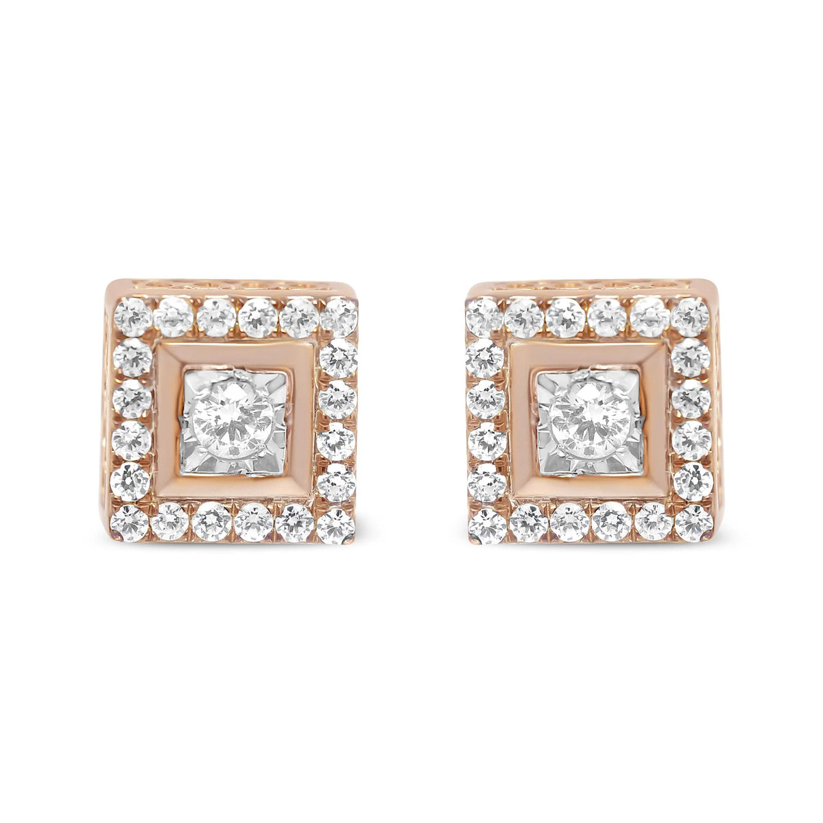 14K Rose Gold Plated .925 Sterling Silver 1/2 Cttw Diamond Halo Square-Shaped Frame Stud Earring (I-J Color, I3 Clarity)