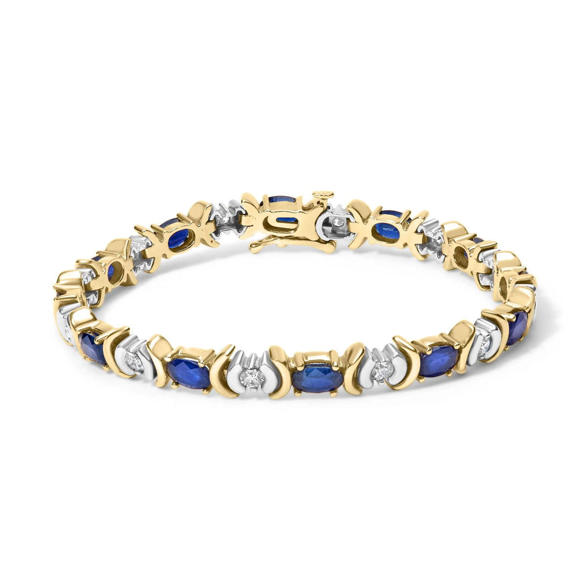 14K Yellow Gold 1.00 Cttw Alternating  Diamond and 6 1/2 Cttw Oval Blue Sapphire Link Bracelet (H-I Color, SI1-SI2 Clarity) - 7&quot; Inches