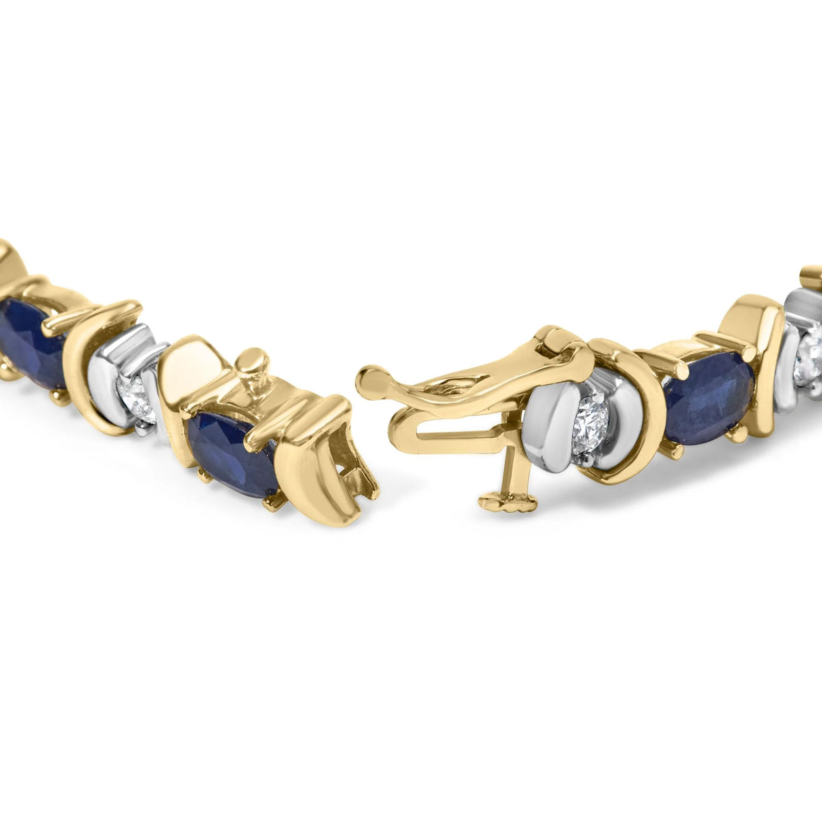 14K Yellow Gold 1.00 Cttw Alternating  Diamond and 6 1/2 Cttw Oval Blue Sapphire Link Bracelet (H-I Color, SI1-SI2 Clarity) - 7&quot; Inches