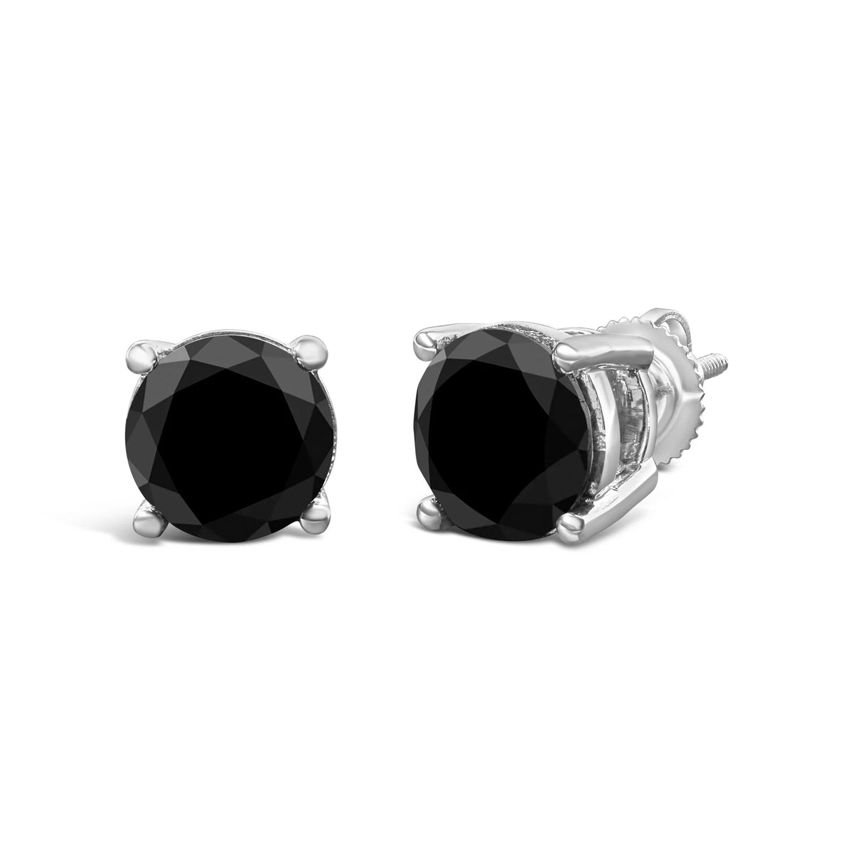 14K White Gold Round Brilliant-Cut Black Diamond Classic 4-Prong Stud Earrings with Screw Backs (Fancy Color-Enhanced, I2-I3 Clarity)