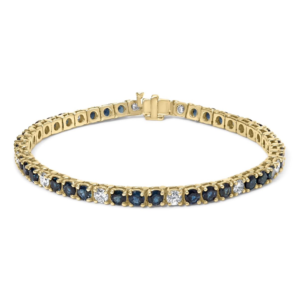 18K Yellow Gold Alternating 1 1/5 Cttw Diamond and 3X3 MM Blue Sapphire Tennis Bracelet (G-H Color, VS1-VS2 Clarity) - 7&quot; Inches