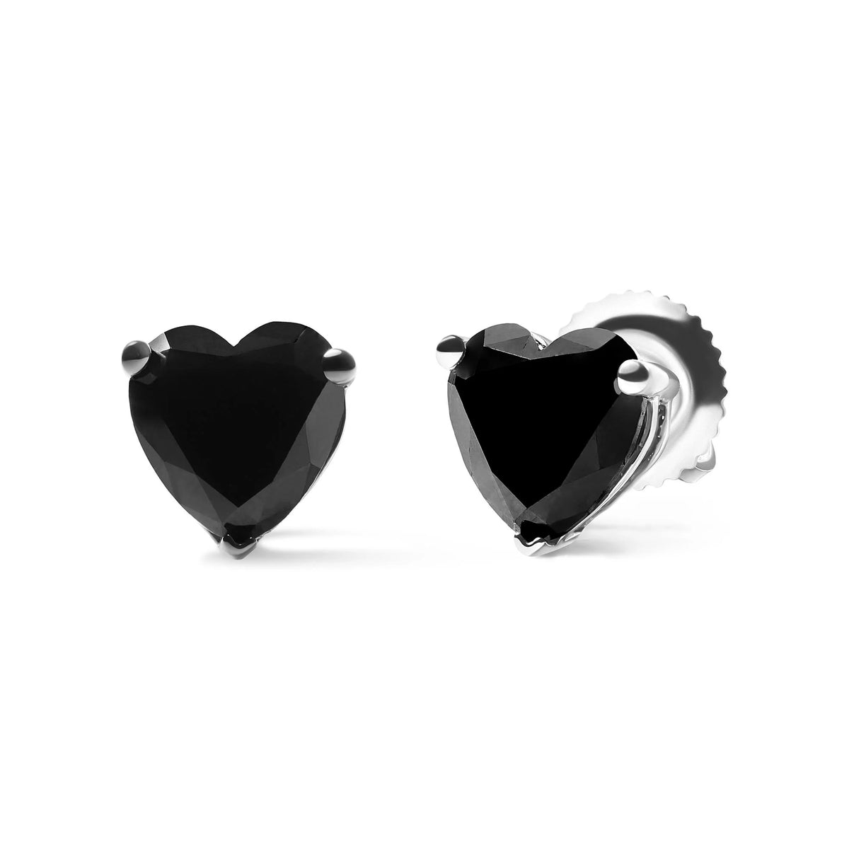 14K White Gold Black Heart Shaped Diamond Solitaire Stud Earrings (Black Color, I1-I2 Clarity)