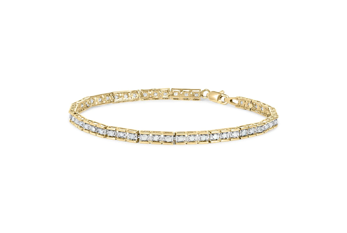 10K Yellow Gold over .925 Sterling Silver 1.0 Cttw Diamond Square Hybrid Link 7&quot; Tennis Bracelet (I-J Color, I2-I3 Clarity)