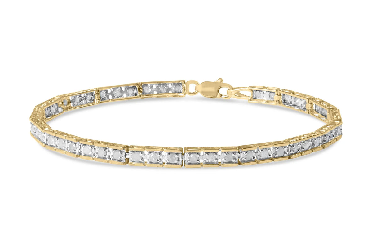 10K Yellow Gold over .925 Sterling Silver 1.0 Cttw Diamond Square Hybrid Link 7&quot; Tennis Bracelet (I-J Color, I2-I3 Clarity)