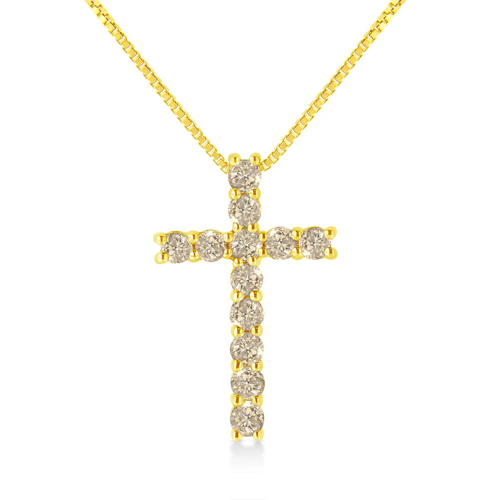 10K Yellow Gold Plated .925 Sterling Silver 1/2 Cttw Fancy Champagne Diamond Cross 18&quot; Pendant Necklace (K-L Color, I1-I2 Clarity)