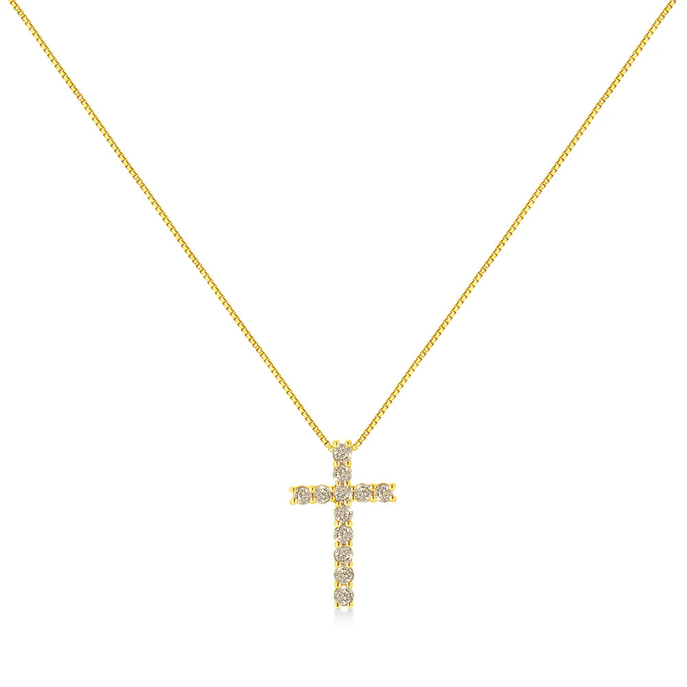 10K Yellow Gold Plated .925 Sterling Silver 1/2 Cttw Fancy Champagne Diamond Cross 18&quot; Pendant Necklace (K-L Color, I1-I2 Clarity)