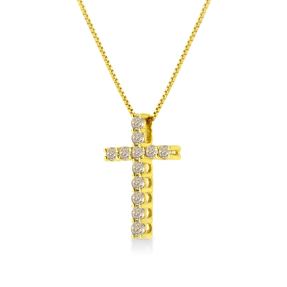 10K Yellow Gold Plated .925 Sterling Silver 1/2 Cttw Fancy Champagne Diamond Cross 18&quot; Pendant Necklace (K-L Color, I1-I2 Clarity)