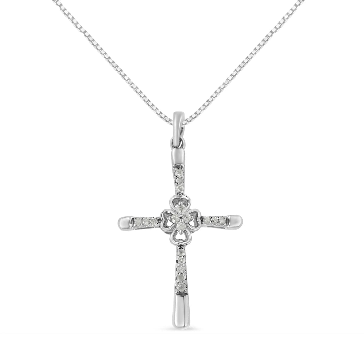 .925 Sterling Silver 1/10 Cttw Prong Set Diamond Cross 18&quot; Pendant Necklace - (I-J Color, I3-Promo Quality)