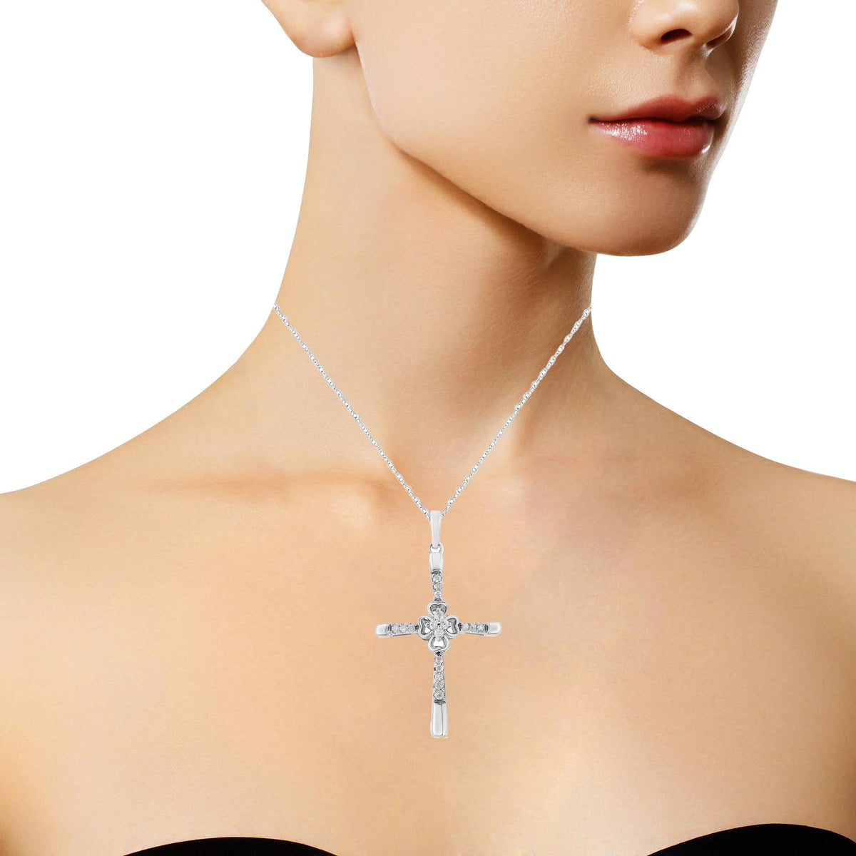 .925 Sterling Silver 1/10 Cttw Prong Set Diamond Cross 18&quot; Pendant Necklace - (I-J Color, I3-Promo Quality)