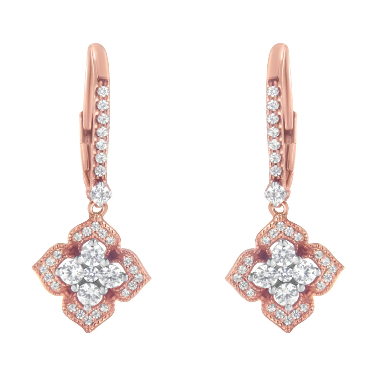 10K Rose Gold 3/4 Cttw Diamond Flower Drop Dangle Earring (I-J Color, I1-I2 Clarity)