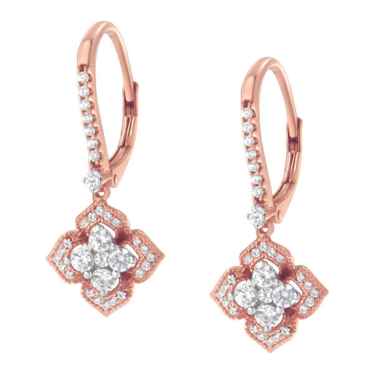 10K Rose Gold 3/4 Cttw Diamond Flower Drop Dangle Earring (I-J Color, I1-I2 Clarity)