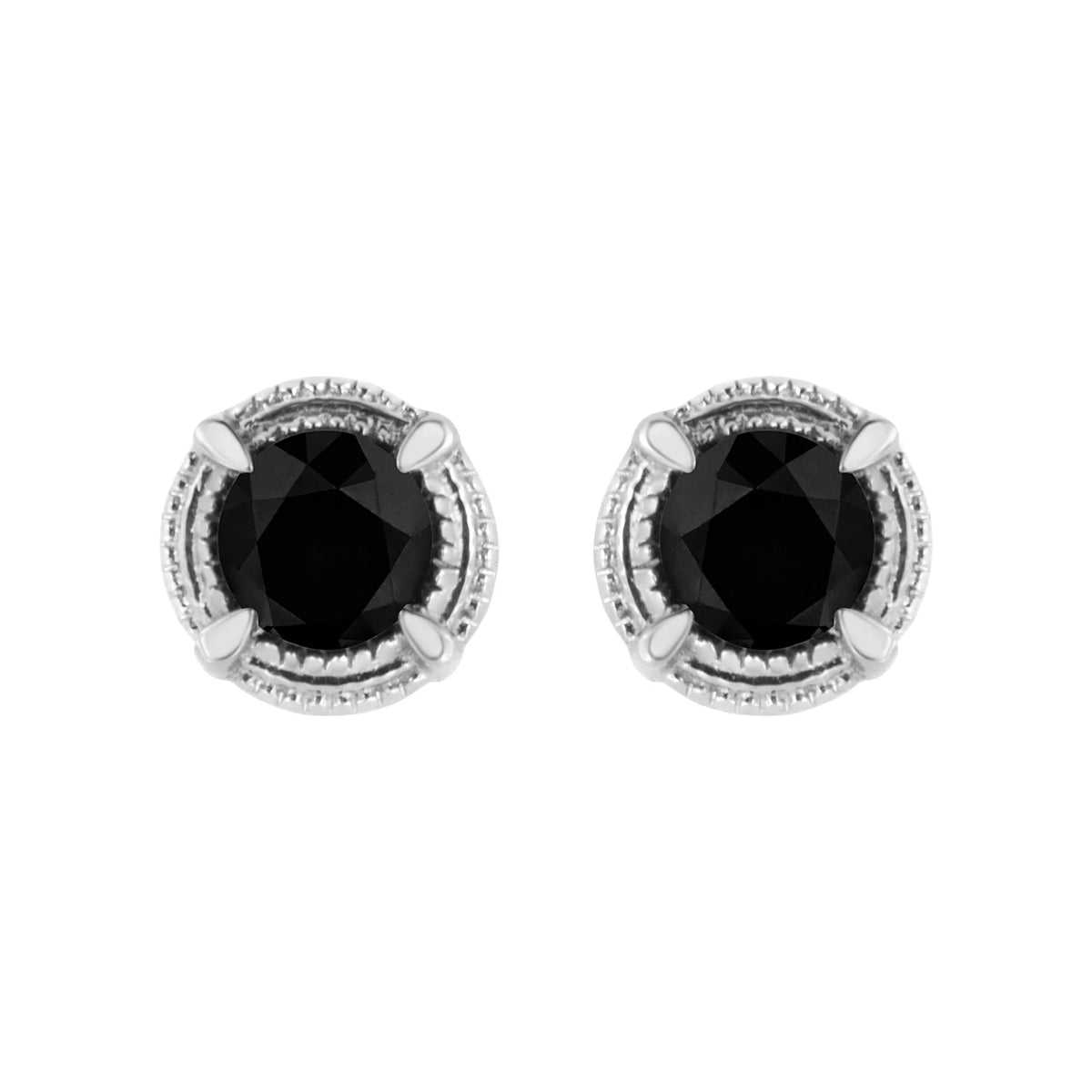 .925 Sterling Silver Treated Colored Diamond Modern 4-Prong Solitaire Milgrain Stud Earrings