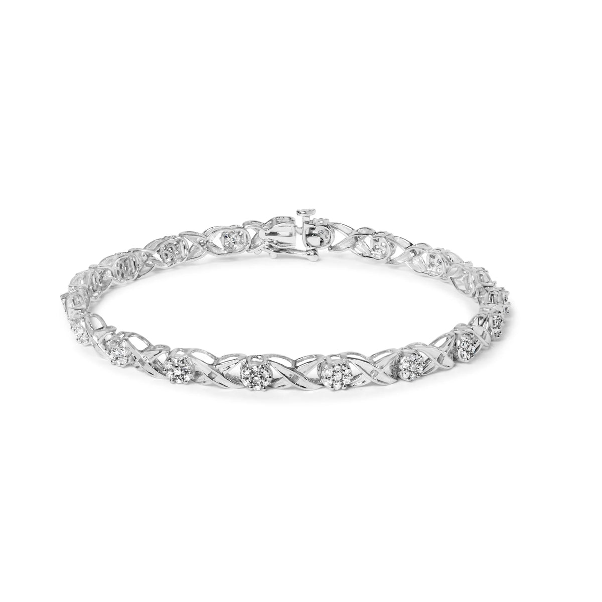 10K White Gold 1.00 Cttw Diamond Floral Cluster and X-Link 7.25&quot; Bracelet (I-J Color, I1-I2 Clarity)