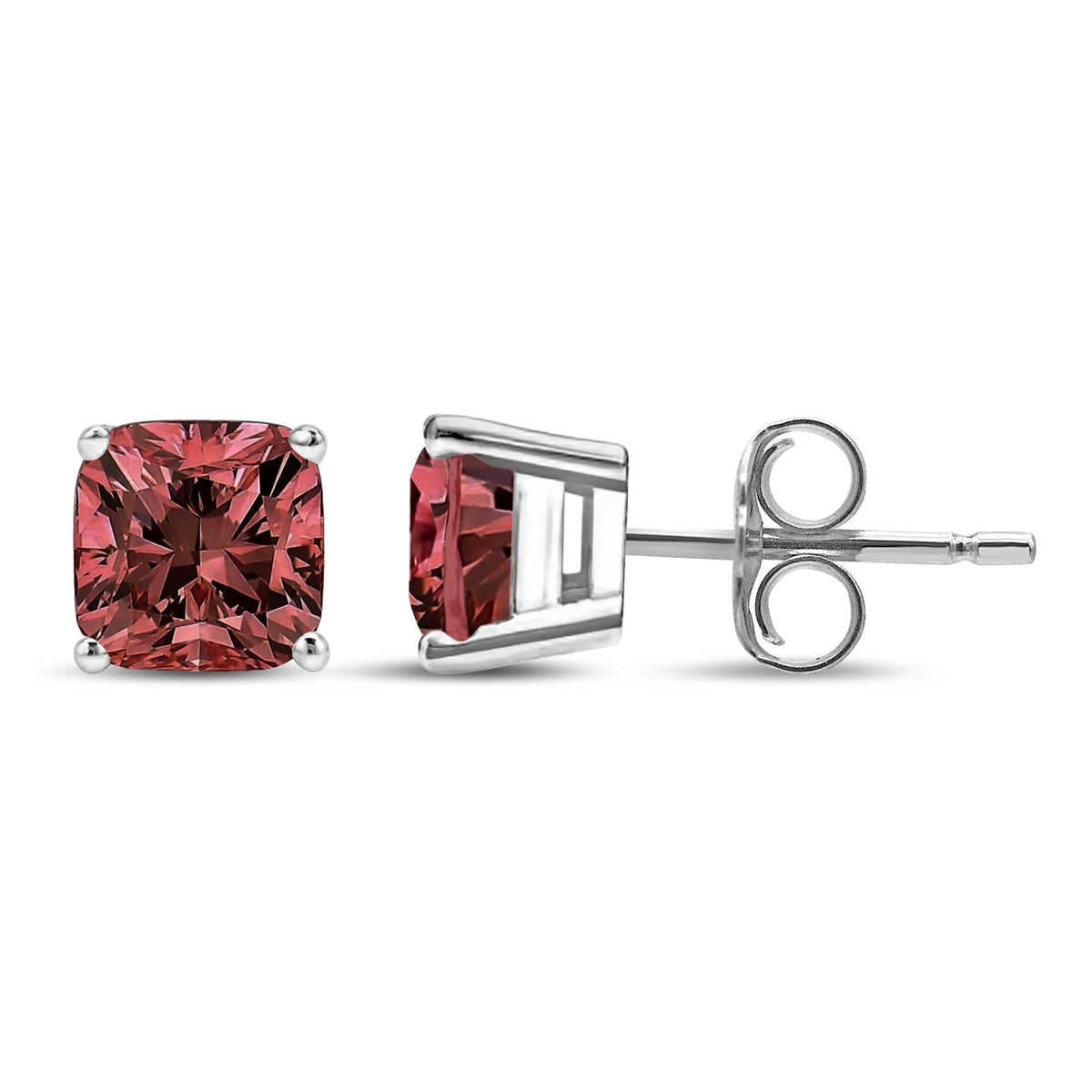 14K White Gold Lab Grown Pink Cushion 4-Prong Set Classic Diamond Solitaire Stud Earrings (Pink Color, VS1-VS2 Clarity)