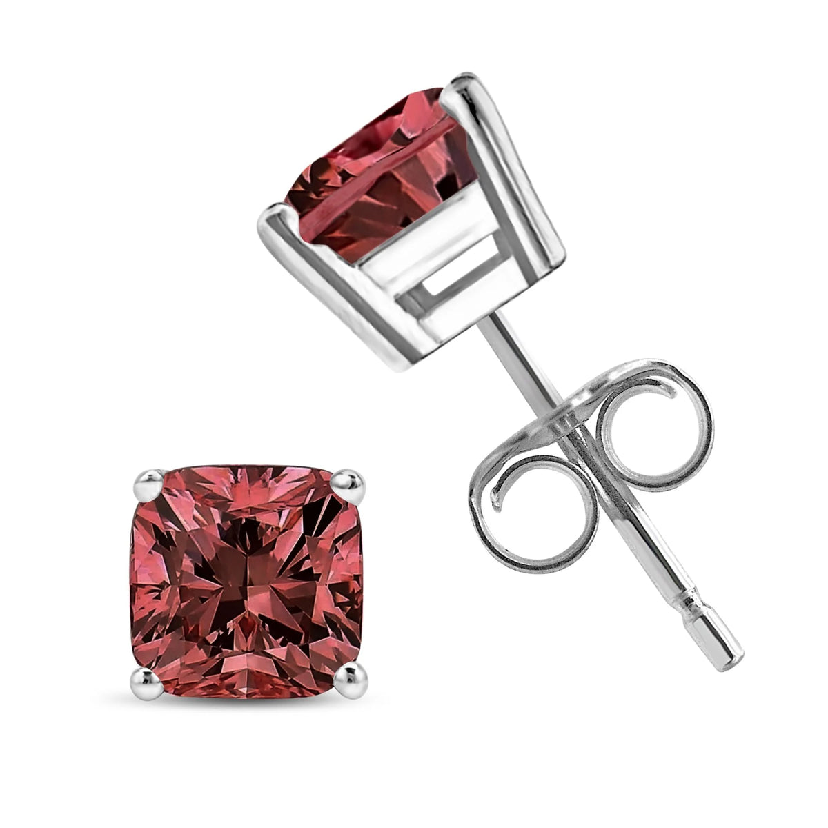 14K White Gold Lab Grown Pink Cushion 4-Prong Set Classic Diamond Solitaire Stud Earrings (Pink Color, VS1-VS2 Clarity)