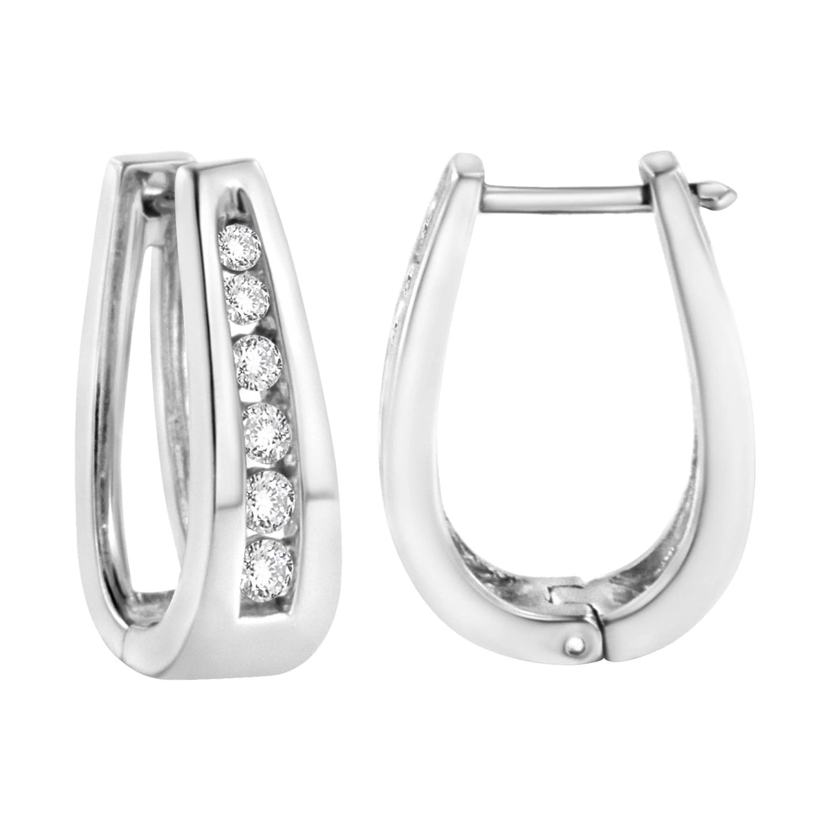 14k White Gold Channel-Set Brilliant Round-Cut Diamond Hoop Earrings (I-J Color, I2-I3 Clarity)