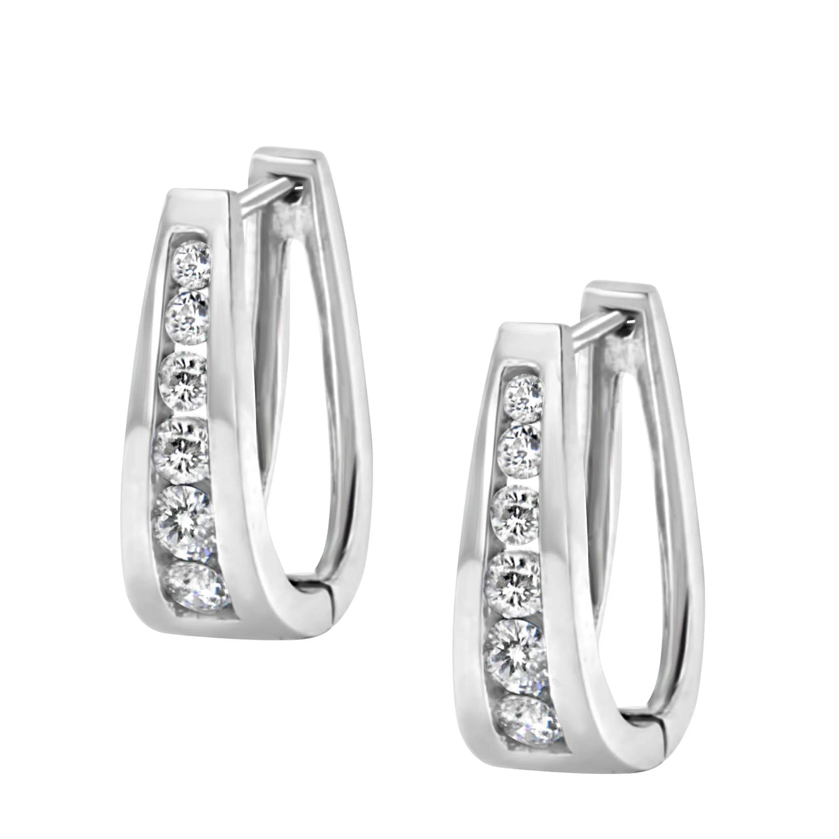 14k White Gold Channel-Set Brilliant Round-Cut Diamond Hoop Earrings (I-J Color, I2-I3 Clarity)