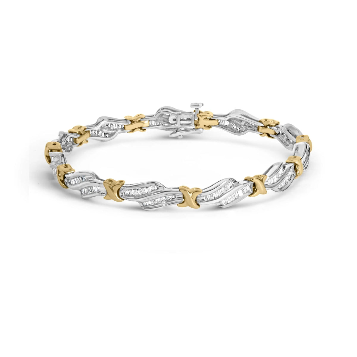 10k Two-Toned Gold 2.00 Cttw Channel Set Baguette-Diamond Weave and  &quot;X&quot; Spiral Link Bracelet (H-I Color, I1-I2 Clarity) - 7&quot;