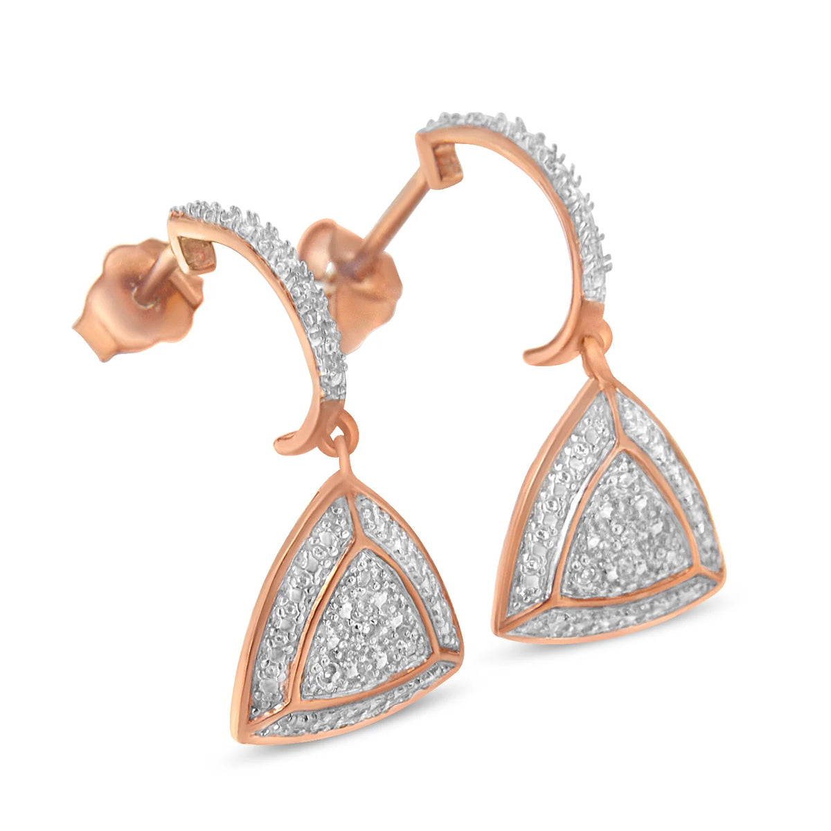 14K Rose Gold Plated .925 Sterling Silver Diamond-Accent Trillion Shaped 4-Stone Halo Style Dangle Earrings (H-I Color, I2-I3 Clarity)