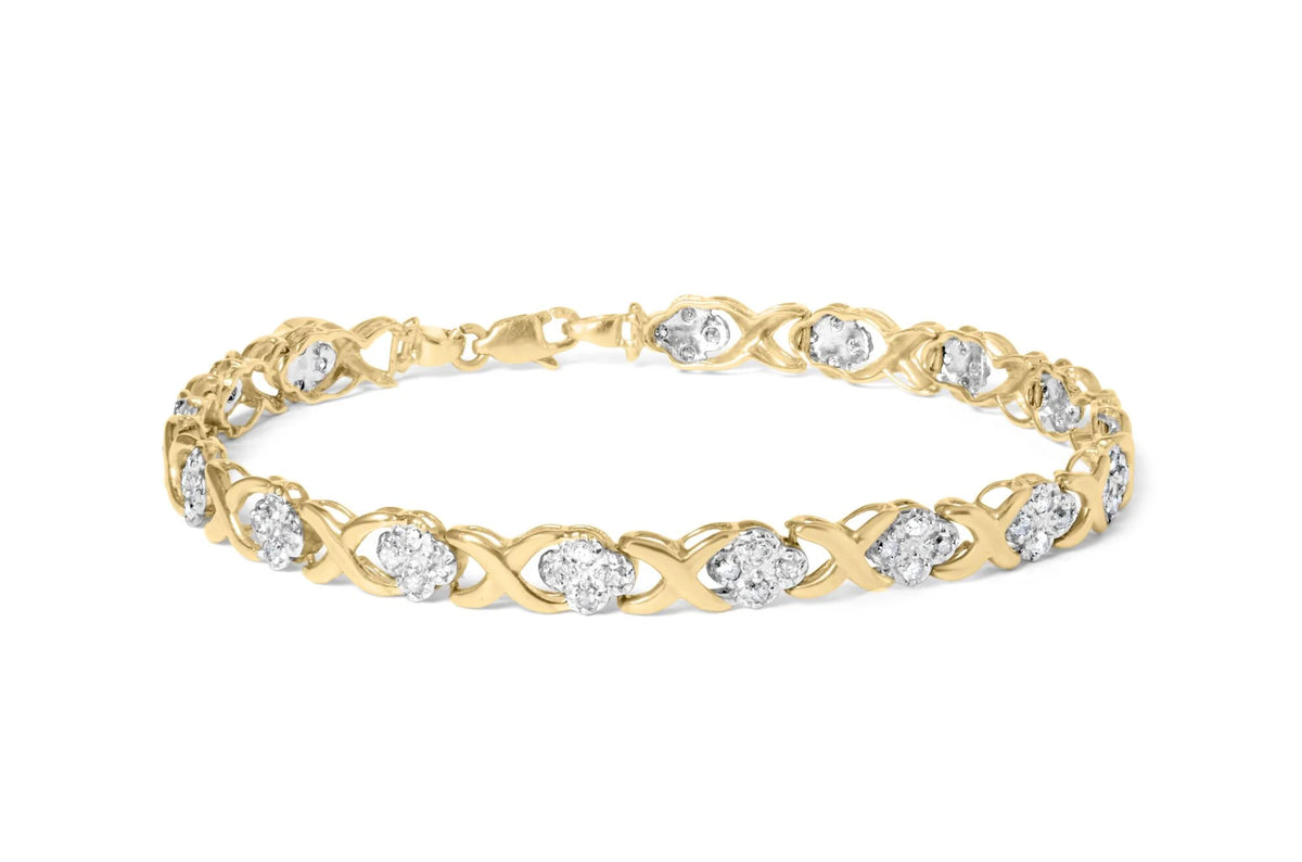 10K Yellow Gold 1.00 Cttw Diamond Cluster X Link Tennis Link 7.50&quot; Bracelet  (I-J Color, I2-I3 Clarity)