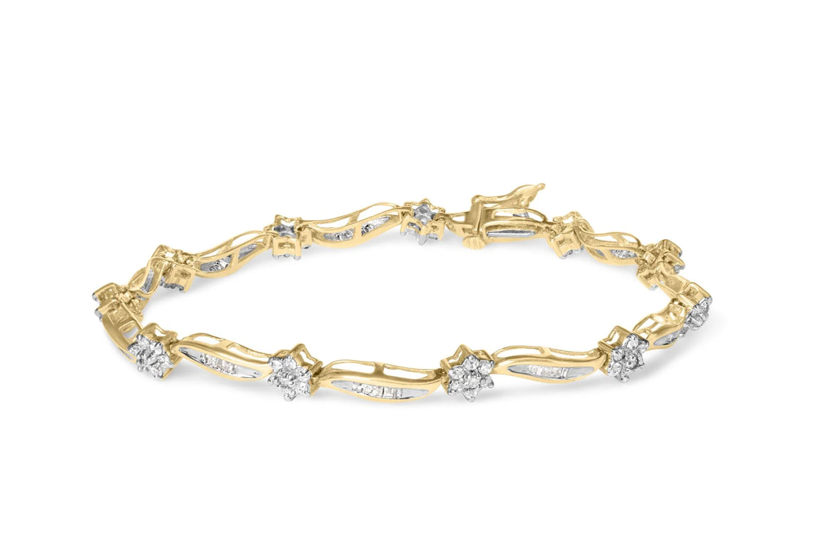 10K Yellow Gold 2.00 Cttw Round-Cut and Baguette-Cut Floral Design Swirl Link 7.5&quot; Bracelet (H-I Color, I2-I3 Clarity)