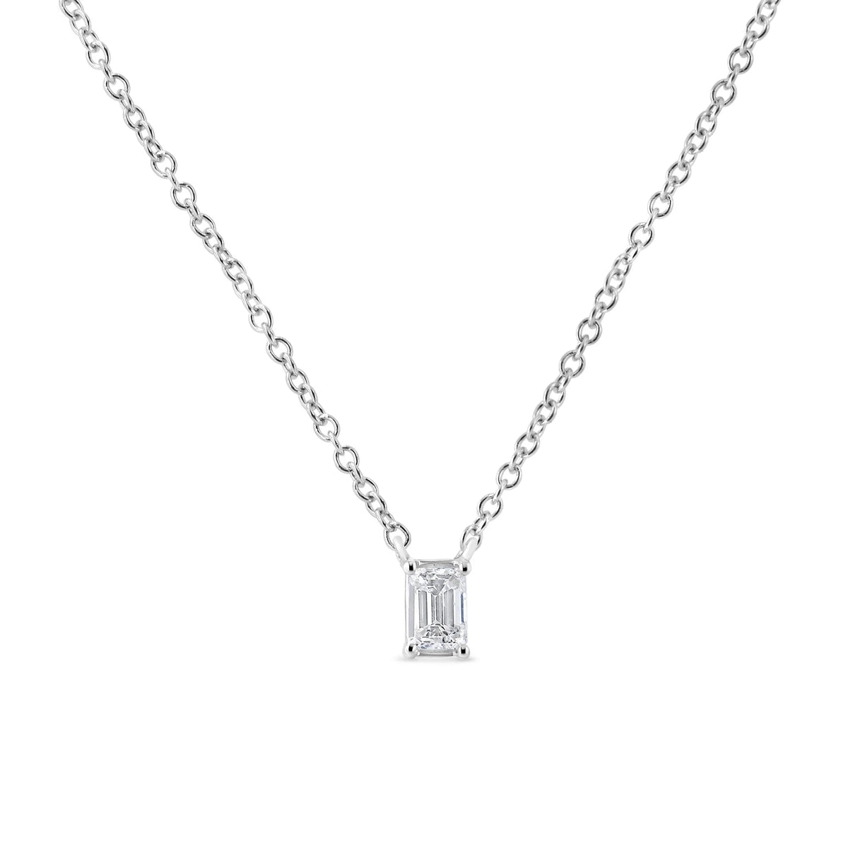 14K White Gold 1/3 Cttw Emerald Shape Solitaire Diamond 18&quot; Pendant Necklace (G-H Color, VS2-SI1 Clarity)