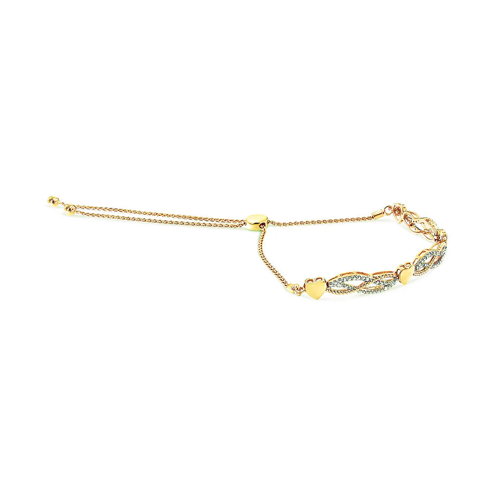 14K Yellow Gold Plated .925 Sterling Silver 1/10 Cttw Diamond Wave and Hearts Bolo Bracelet (I-J Color, I2-I3 Clarity) - 4&quot;-10&quot; Adjustable