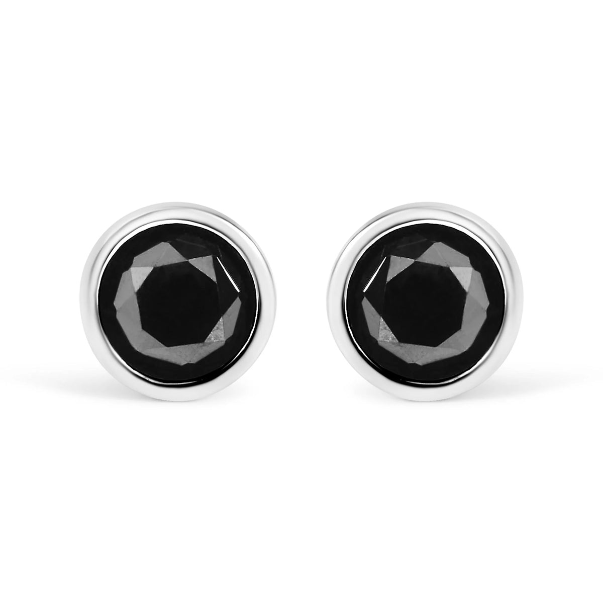 .925 Sterling Silver Round Brilliant-Cut Black Diamond Bezel-Set Stud Earrings with Screw Backs (Fancy Color-Enhanced, I2-I3 Clarity)