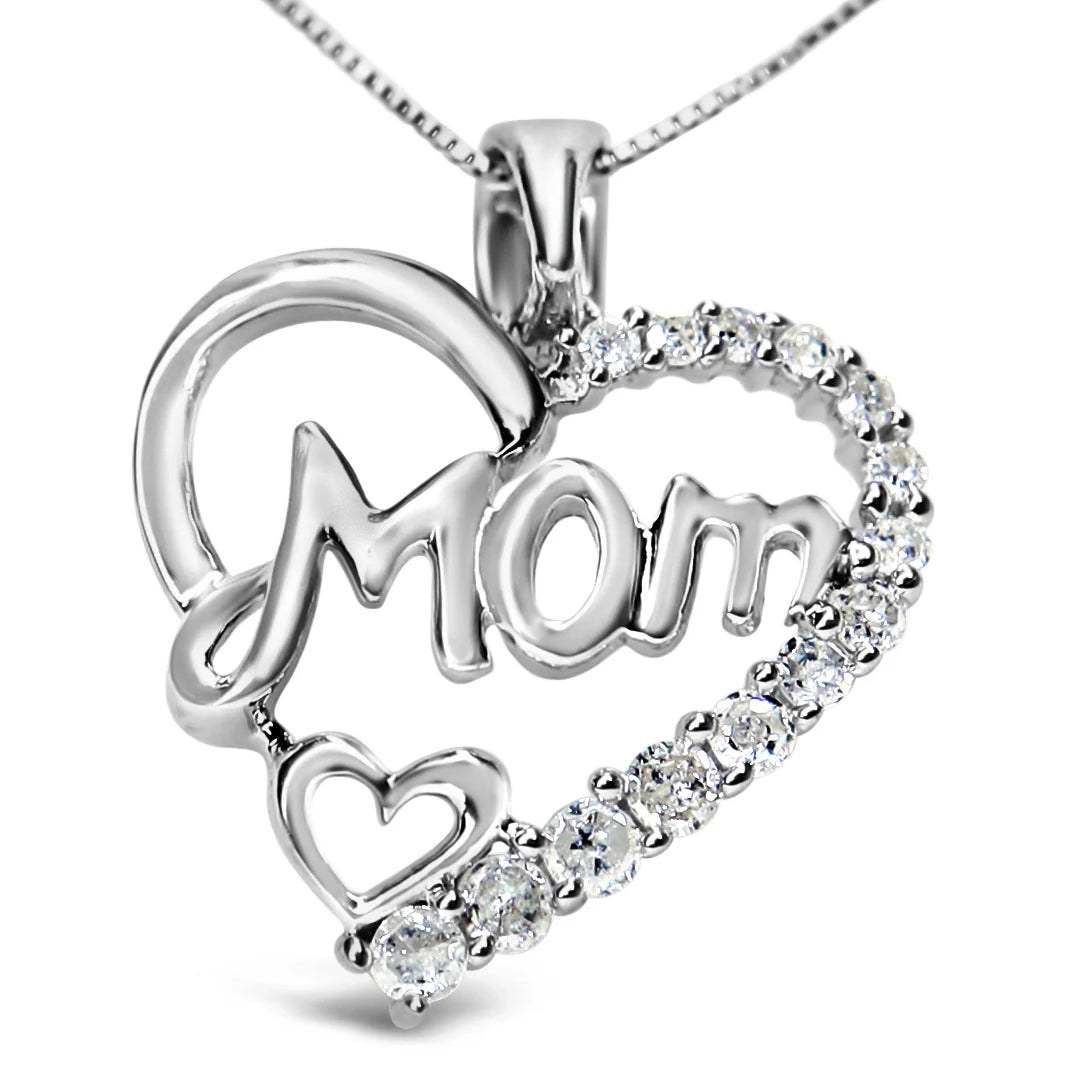 .925 Sterling Silver 1/4 Cttw Round Diamond &quot;Mom&quot; Heart Pendant 18&quot; Necklace (I-J Color, I3 Clarity)