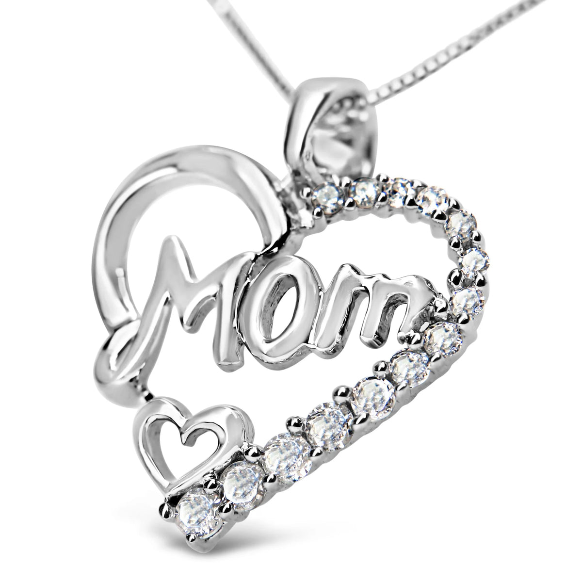 .925 Sterling Silver 1/4 Cttw Round Diamond &quot;Mom&quot; Heart Pendant 18&quot; Necklace (I-J Color, I3 Clarity)