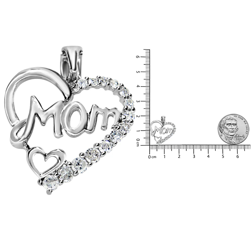 .925 Sterling Silver 1/4 Cttw Round Diamond &quot;Mom&quot; Heart Pendant 18&quot; Necklace (I-J Color, I3 Clarity)