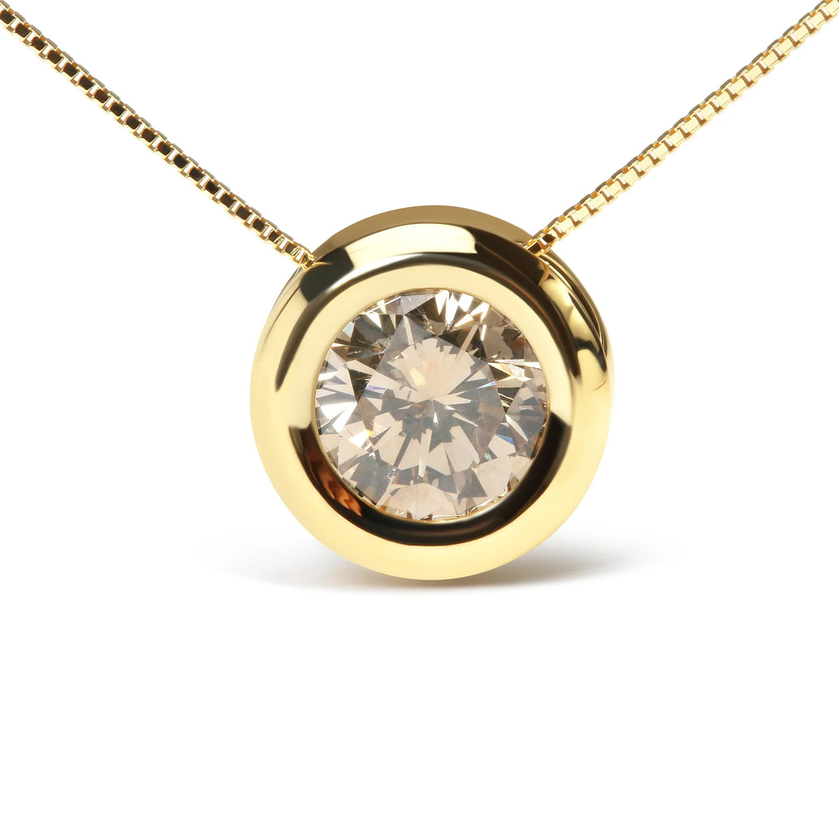 14K Yellow Gold 1 3/8 Cttw Bezel Set Round Champagne Diamond Solitaire 18&quot; Pendant Necklace (Champagne Color, SI2-I1 Clarity)