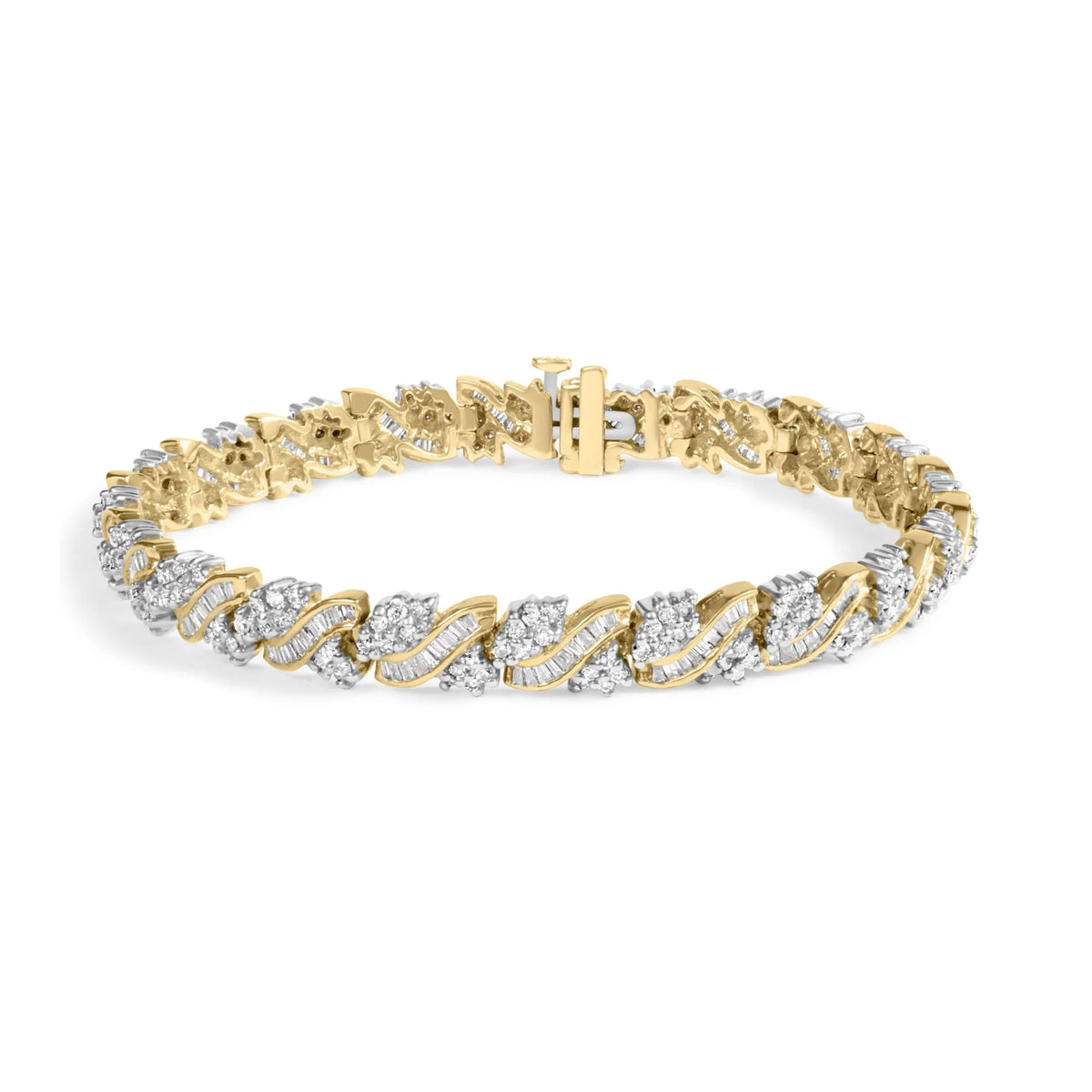 14K Yellow Gold 4.00 Cttw Diamond Woven Composite Cluster and S-Link Bracelet (I-J Color, I1-I2 Clarity) - 7&quot; Inches