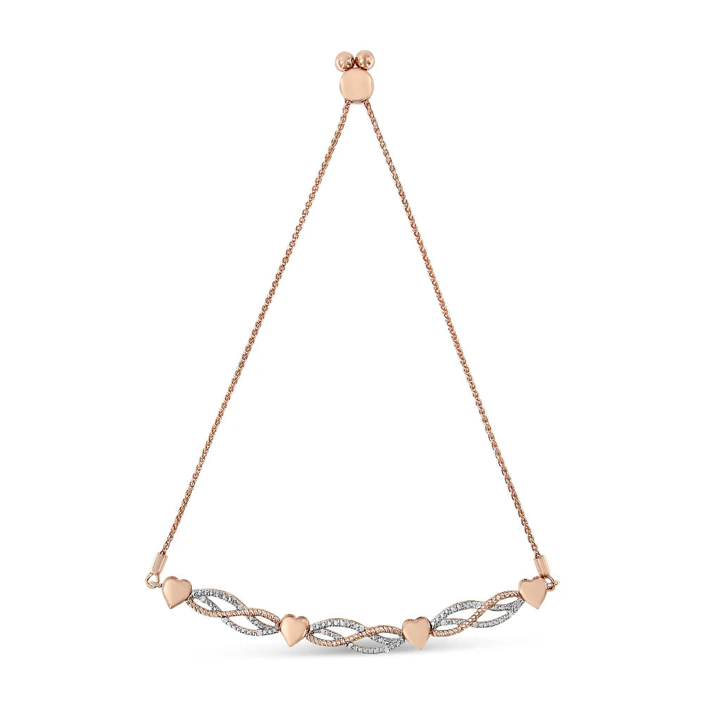 14K Rose Gold Plated .925 Sterling Silver Cttw Diamond Accent Layered Infinity Link and Heart Adjustable 4”-10” Adjustable Bolo Bracelet (I-J Color, I3 Clarity)