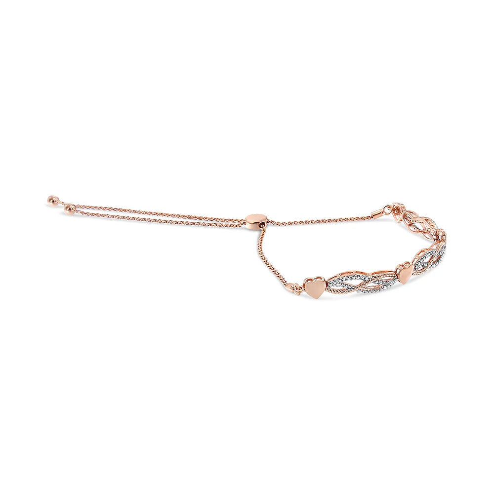 14K Rose Gold Plated .925 Sterling Silver Cttw Diamond Accent Layered Infinity Link and Heart Adjustable 4”-10” Adjustable Bolo Bracelet (I-J Color, I3 Clarity)