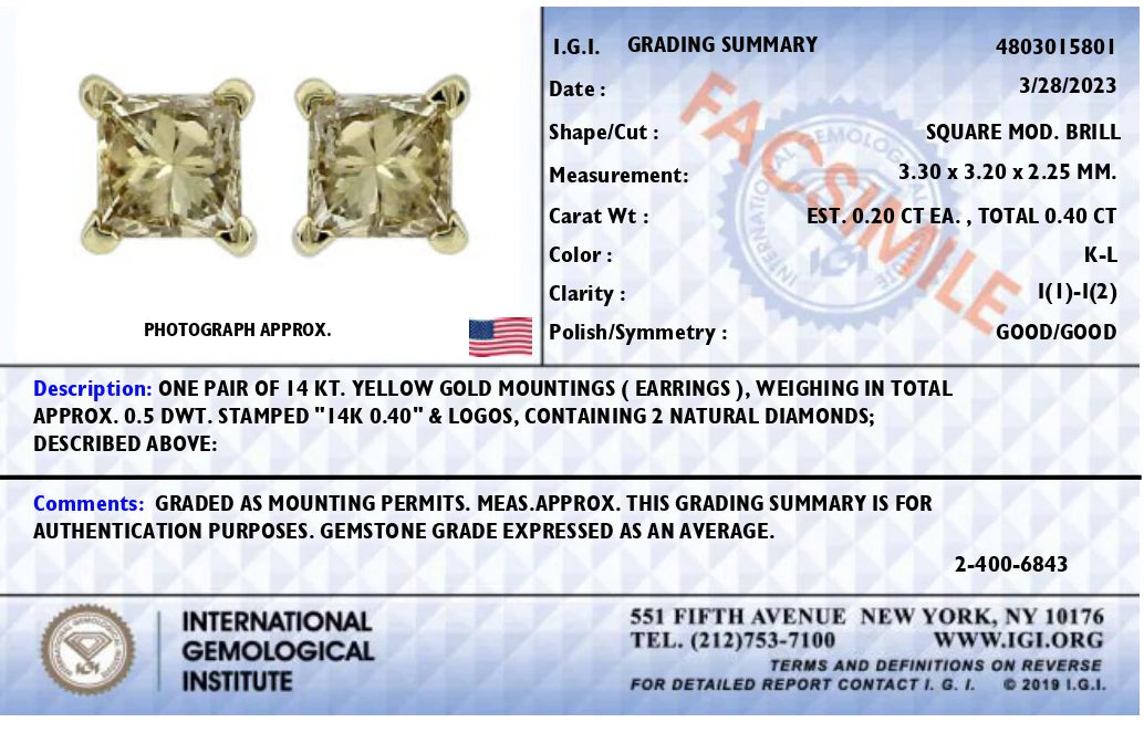 IGI Certified 3/8 Cttw Princess-Cut Square Diamond 4-Prong Solitaire Stud Earrings in 14K Yellow Gold (K-L Color, I1-I2 Clarity)