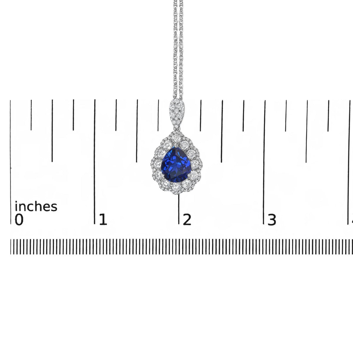 18K White Gold Recrystallized 9x7 MM Pear Shaped Blue Sapphire and 2 4/5 Cttw Diamond Halo and Bail 18&quot; Inch Pendant Necklace (G-H Color, SI1-SI2 Clarity)