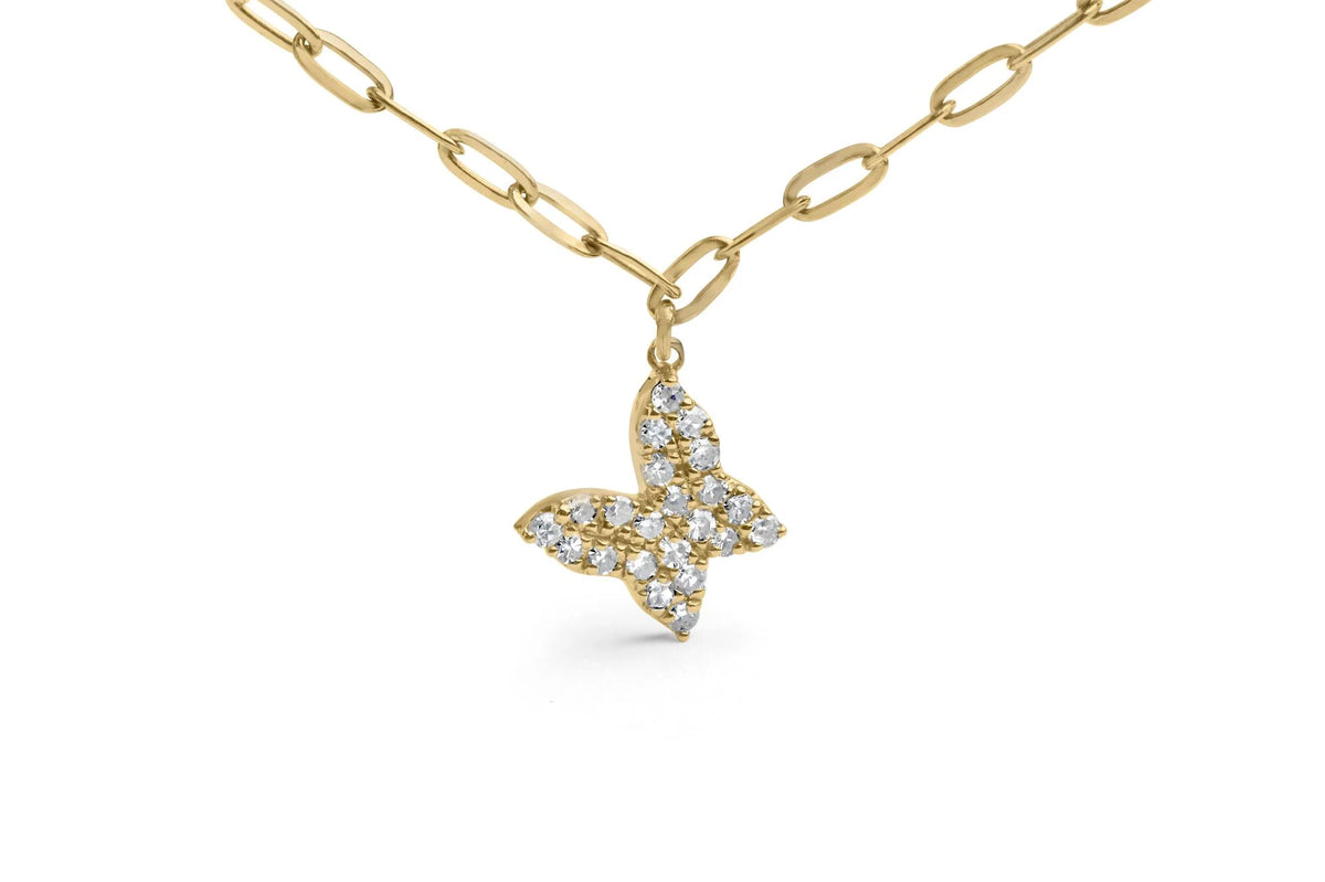 14KT Yellow Gold 1/2 Cttw Diamond Butterfly Station Paperclip Station Necklace (I-J Color, I1-I2 Clarity) - Adjustable 15&quot;-17&quot; Inches