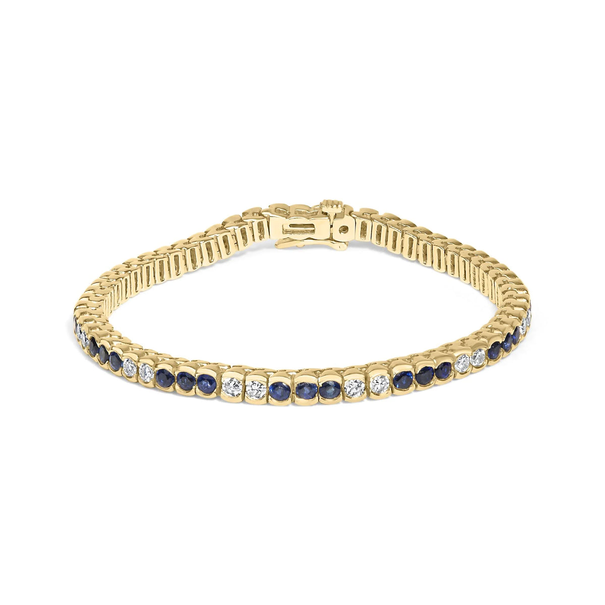 14K Yellow Gold 1 3/4 Cttw Diamond and 5.0 Cttw Blue Sapphire Bezel Set Tennis Bracelet (G-H Color, SI1-SI2 Clarity) - 7&quot; Inches